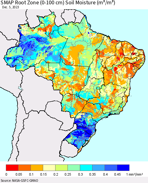 Brazil SMAP Root Zone (0-100 cm) Soil Moisture (m³/m³) Thematic Map For 12/1/2023 - 12/5/2023
