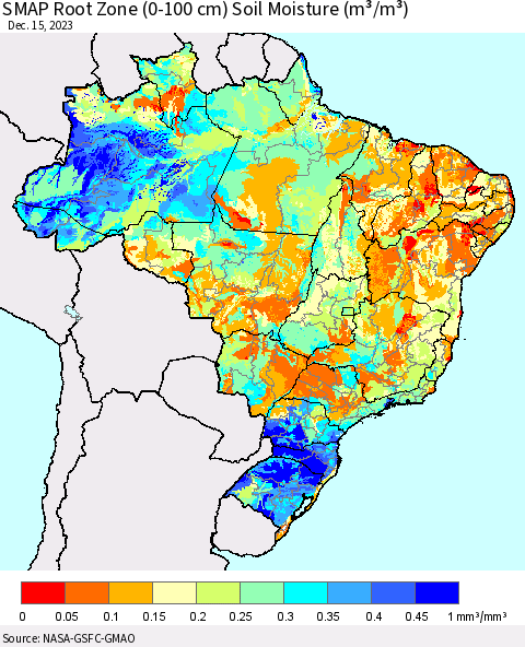 Brazil SMAP Root Zone (0-100 cm) Soil Moisture (m³/m³) Thematic Map For 12/11/2023 - 12/15/2023