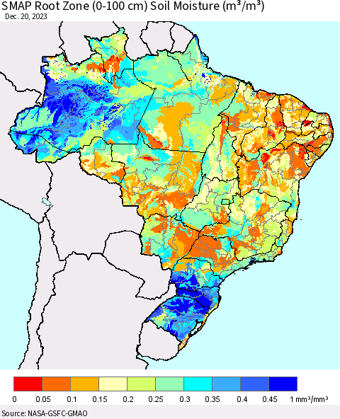 Brazil SMAP Root Zone (0-100 cm) Soil Moisture (m³/m³) Thematic Map For 12/16/2023 - 12/20/2023