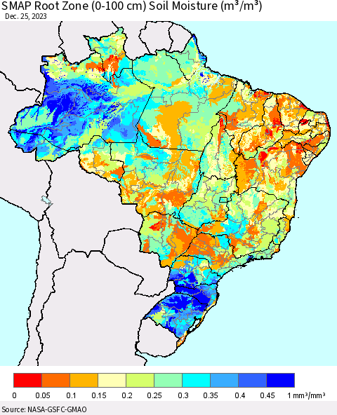 Brazil SMAP Root Zone (0-100 cm) Soil Moisture (m³/m³) Thematic Map For 12/21/2023 - 12/25/2023