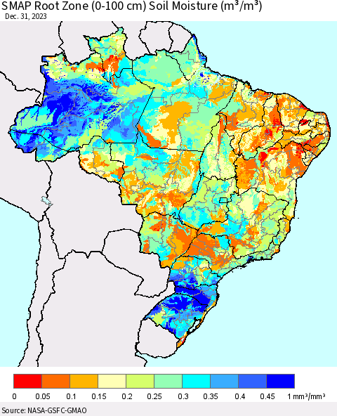 Brazil SMAP Root Zone (0-100 cm) Soil Moisture (m³/m³) Thematic Map For 12/26/2023 - 12/31/2023