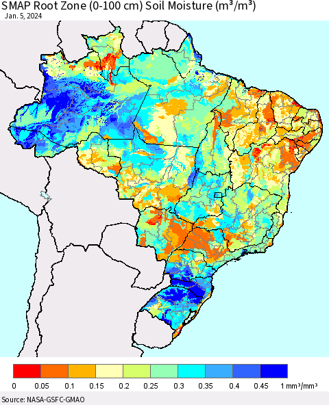 Brazil SMAP Root Zone (0-100 cm) Soil Moisture (m³/m³) Thematic Map For 1/1/2024 - 1/5/2024