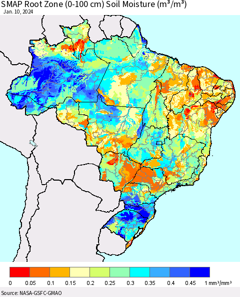 Brazil SMAP Root Zone (0-100 cm) Soil Moisture (m³/m³) Thematic Map For 1/6/2024 - 1/10/2024