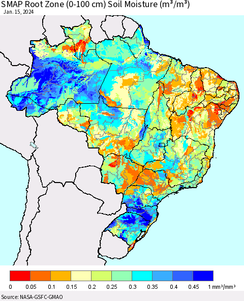 Brazil SMAP Root Zone (0-100 cm) Soil Moisture (m³/m³) Thematic Map For 1/11/2024 - 1/15/2024