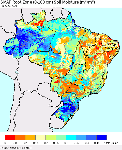 Brazil SMAP Root Zone (0-100 cm) Soil Moisture (m³/m³) Thematic Map For 1/16/2024 - 1/20/2024