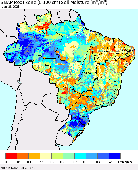 Brazil SMAP Root Zone (0-100 cm) Soil Moisture (m³/m³) Thematic Map For 1/21/2024 - 1/25/2024