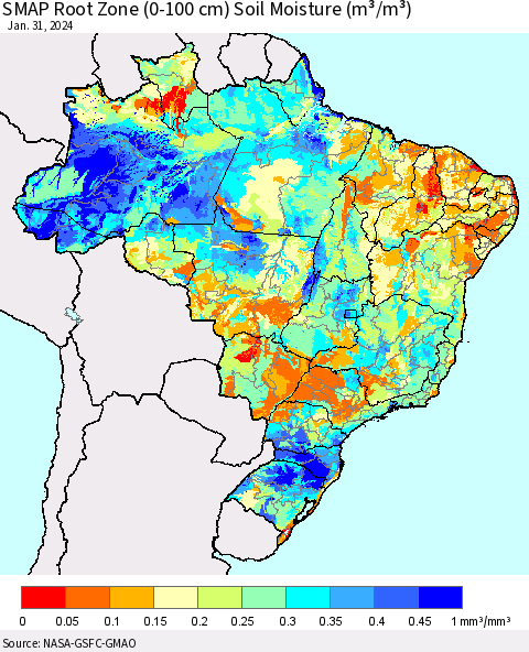 Brazil SMAP Root Zone (0-100 cm) Soil Moisture (m³/m³) Thematic Map For 1/26/2024 - 1/31/2024