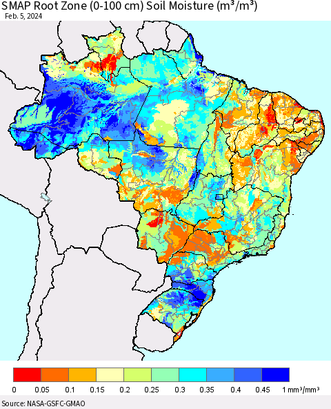 Brazil SMAP Root Zone (0-100 cm) Soil Moisture (m³/m³) Thematic Map For 2/1/2024 - 2/5/2024