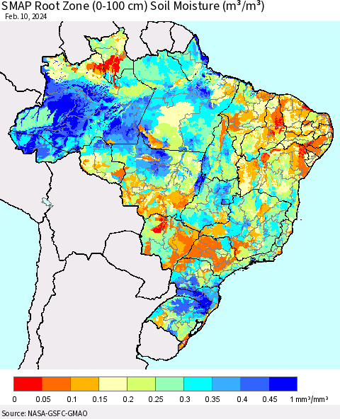 Brazil SMAP Root Zone (0-100 cm) Soil Moisture (m³/m³) Thematic Map For 2/6/2024 - 2/10/2024