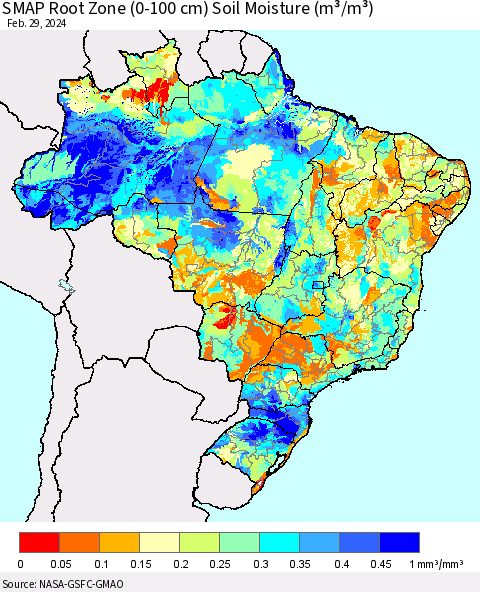 Brazil SMAP Root Zone (0-100 cm) Soil Moisture (m³/m³) Thematic Map For 2/26/2024 - 2/29/2024