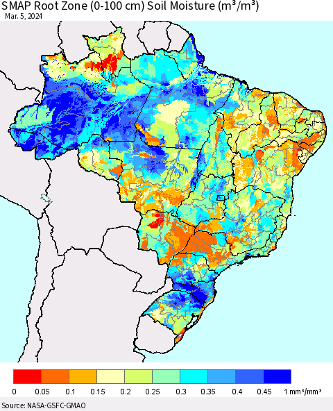 Brazil SMAP Root Zone (0-100 cm) Soil Moisture (m³/m³) Thematic Map For 3/1/2024 - 3/5/2024