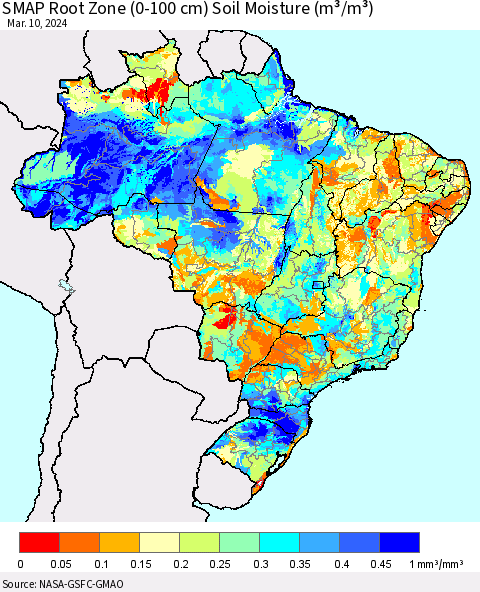 Brazil SMAP Root Zone (0-100 cm) Soil Moisture (m³/m³) Thematic Map For 3/6/2024 - 3/10/2024