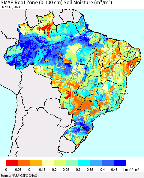 Brazil SMAP Root Zone (0-100 cm) Soil Moisture (m³/m³) Thematic Map For 3/11/2024 - 3/15/2024
