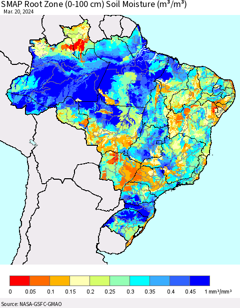 Brazil SMAP Root Zone (0-100 cm) Soil Moisture (m³/m³) Thematic Map For 3/16/2024 - 3/20/2024