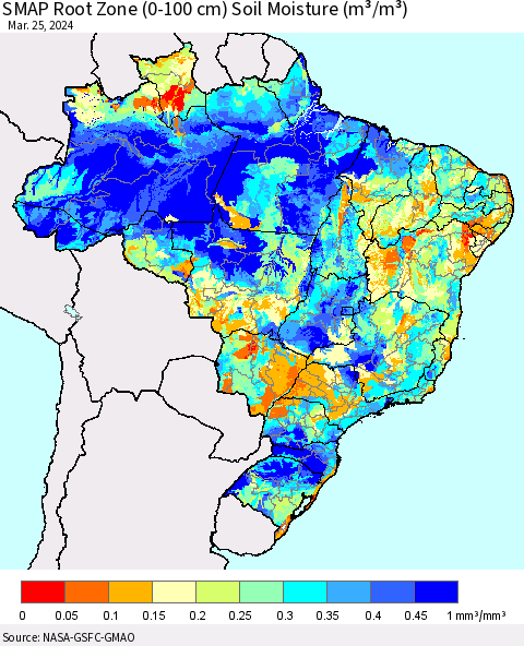 Brazil SMAP Root Zone (0-100 cm) Soil Moisture (m³/m³) Thematic Map For 3/21/2024 - 3/25/2024