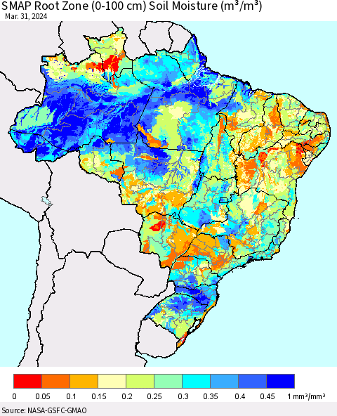 Brazil SMAP Root Zone (0-100 cm) Soil Moisture (m³/m³) Thematic Map For 3/26/2024 - 3/31/2024