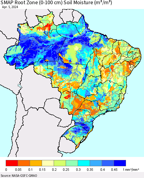 Brazil SMAP Root Zone (0-100 cm) Soil Moisture (m³/m³) Thematic Map For 4/1/2024 - 4/5/2024