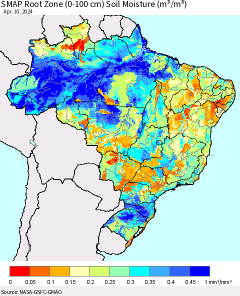 Brazil SMAP Root Zone (0-100 cm) Soil Moisture (m³/m³) Thematic Map For 4/6/2024 - 4/10/2024
