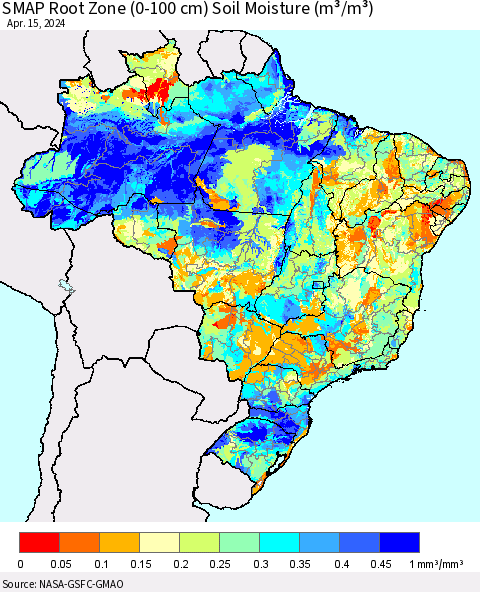 Brazil SMAP Root Zone (0-100 cm) Soil Moisture (m³/m³) Thematic Map For 4/11/2024 - 4/15/2024