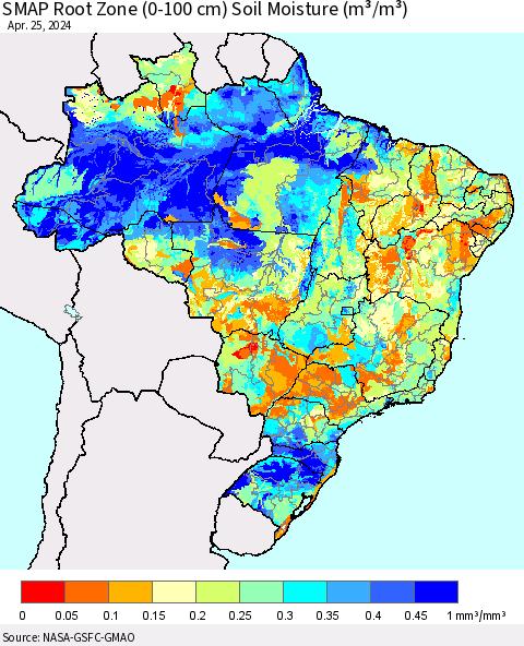 Brazil SMAP Root Zone (0-100 cm) Soil Moisture (m³/m³) Thematic Map For 4/21/2024 - 4/25/2024