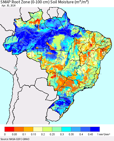 Brazil SMAP Root Zone (0-100 cm) Soil Moisture (m³/m³) Thematic Map For 4/26/2024 - 4/30/2024