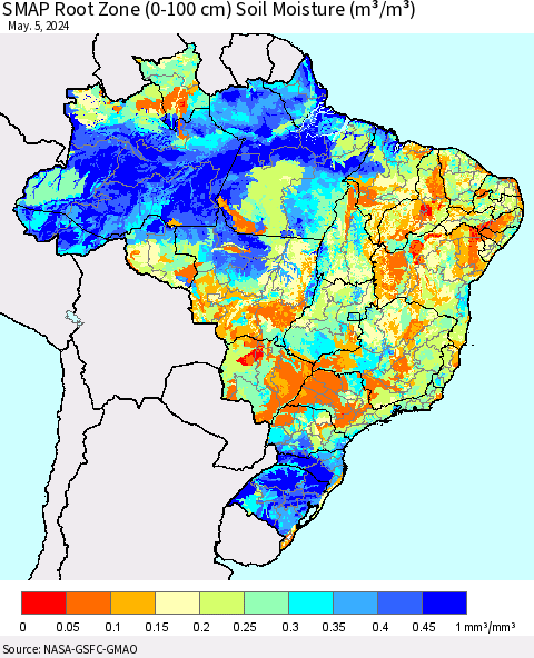 Brazil SMAP Root Zone (0-100 cm) Soil Moisture (m³/m³) Thematic Map For 5/1/2024 - 5/5/2024