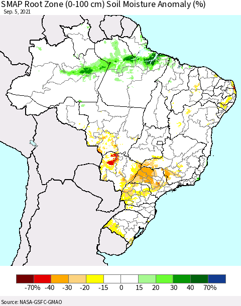 Brazil SMAP Root Zone (0-100 cm) Soil Moisture Anomaly (%) Thematic Map For 9/1/2021 - 9/5/2021