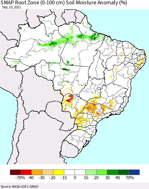 Brazil SMAP Root Zone (0-100 cm) Soil Moisture Anomaly (%) Thematic Map For 9/6/2021 - 9/10/2021