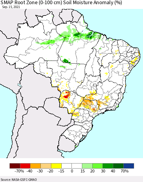 Brazil SMAP Root Zone (0-100 cm) Soil Moisture Anomaly (%) Thematic Map For 9/11/2021 - 9/15/2021