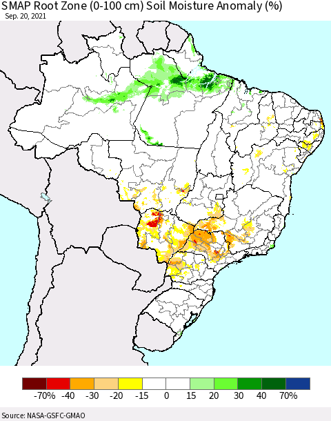 Brazil SMAP Root Zone (0-100 cm) Soil Moisture Anomaly (%) Thematic Map For 9/16/2021 - 9/20/2021