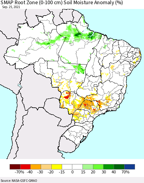 Brazil SMAP Root Zone (0-100 cm) Soil Moisture Anomaly (%) Thematic Map For 9/21/2021 - 9/25/2021