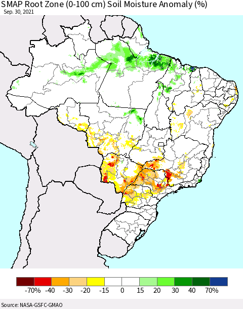 Brazil SMAP Root Zone (0-100 cm) Soil Moisture Anomaly (%) Thematic Map For 9/26/2021 - 9/30/2021