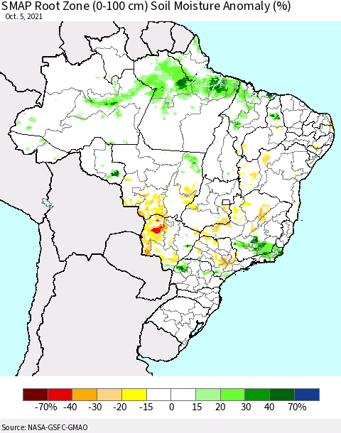 Brazil SMAP Root Zone (0-100 cm) Soil Moisture Anomaly (%) Thematic Map For 10/1/2021 - 10/5/2021