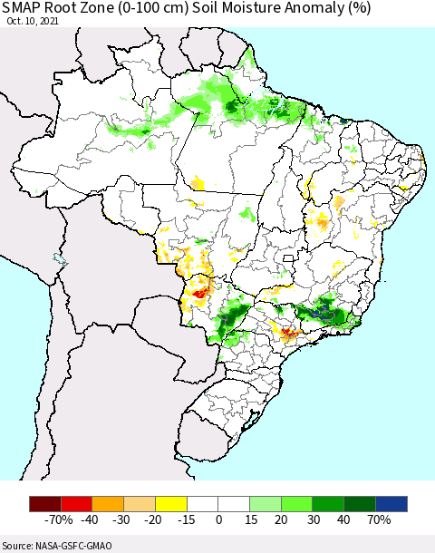 Brazil SMAP Root Zone (0-100 cm) Soil Moisture Anomaly (%) Thematic Map For 10/6/2021 - 10/10/2021