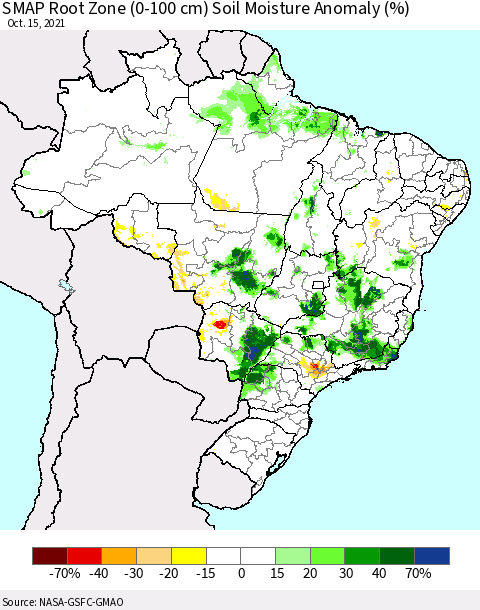 Brazil SMAP Root Zone (0-100 cm) Soil Moisture Anomaly (%) Thematic Map For 10/11/2021 - 10/15/2021