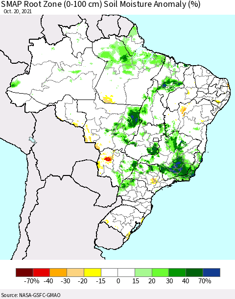 Brazil SMAP Root Zone (0-100 cm) Soil Moisture Anomaly (%) Thematic Map For 10/16/2021 - 10/20/2021