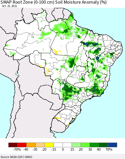 Brazil SMAP Root Zone (0-100 cm) Soil Moisture Anomaly (%) Thematic Map For 10/21/2021 - 10/25/2021