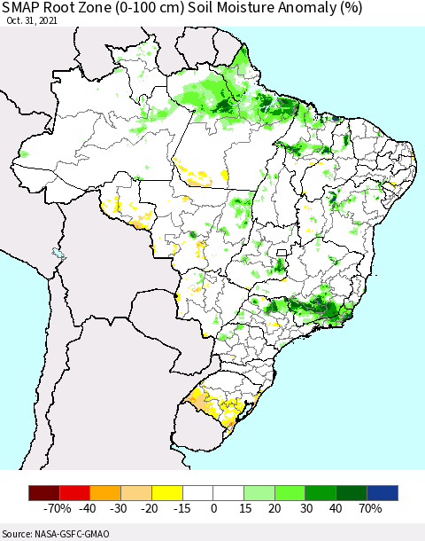 Brazil SMAP Root Zone (0-100 cm) Soil Moisture Anomaly (%) Thematic Map For 10/26/2021 - 10/31/2021