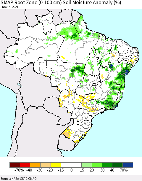Brazil SMAP Root Zone (0-100 cm) Soil Moisture Anomaly (%) Thematic Map For 11/1/2021 - 11/5/2021
