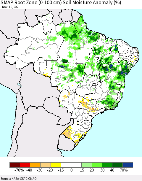 Brazil SMAP Root Zone (0-100 cm) Soil Moisture Anomaly (%) Thematic Map For 11/6/2021 - 11/10/2021