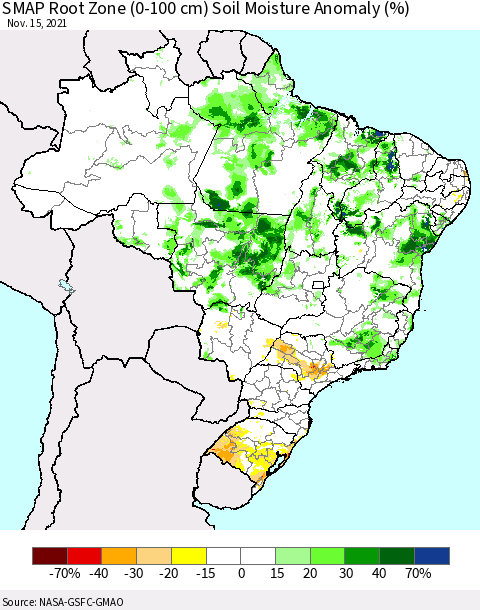 Brazil SMAP Root Zone (0-100 cm) Soil Moisture Anomaly (%) Thematic Map For 11/11/2021 - 11/15/2021