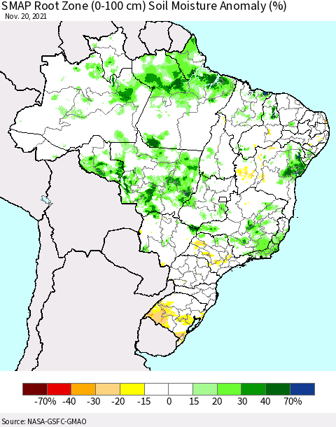 Brazil SMAP Root Zone (0-100 cm) Soil Moisture Anomaly (%) Thematic Map For 11/16/2021 - 11/20/2021