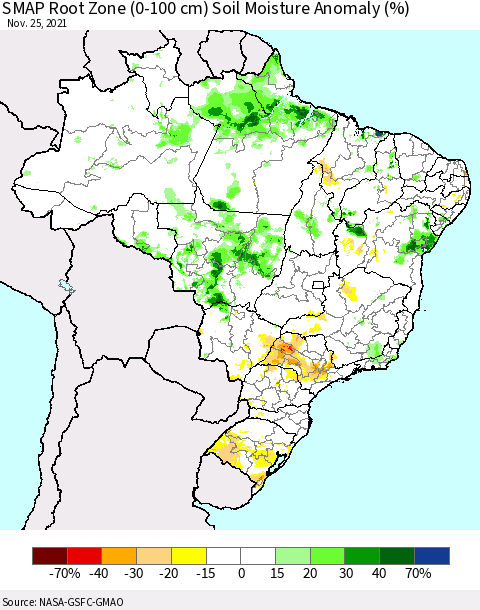 Brazil SMAP Root Zone (0-100 cm) Soil Moisture Anomaly (%) Thematic Map For 11/21/2021 - 11/25/2021
