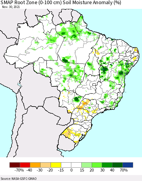 Brazil SMAP Root Zone (0-100 cm) Soil Moisture Anomaly (%) Thematic Map For 11/26/2021 - 11/30/2021