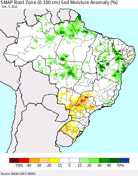Brazil SMAP Root Zone (0-100 cm) Soil Moisture Anomaly (%) Thematic Map For 12/1/2021 - 12/5/2021