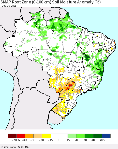 Brazil SMAP Root Zone (0-100 cm) Soil Moisture Anomaly (%) Thematic Map For 12/6/2021 - 12/10/2021