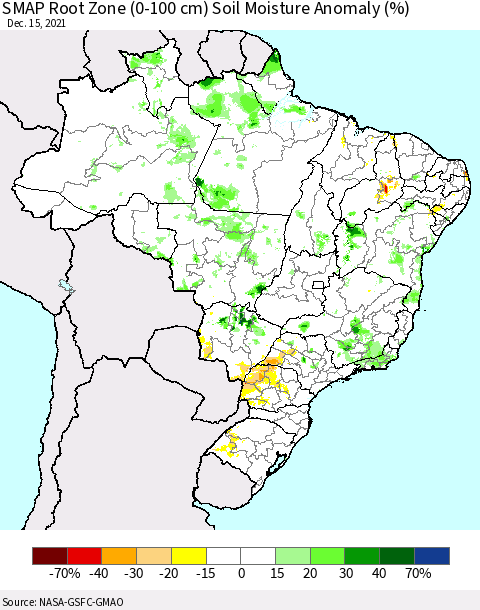 Brazil SMAP Root Zone (0-100 cm) Soil Moisture Anomaly (%) Thematic Map For 12/11/2021 - 12/15/2021