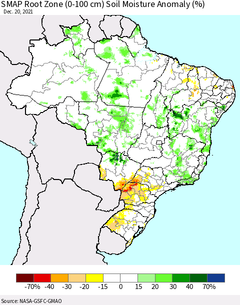 Brazil SMAP Root Zone (0-100 cm) Soil Moisture Anomaly (%) Thematic Map For 12/16/2021 - 12/20/2021