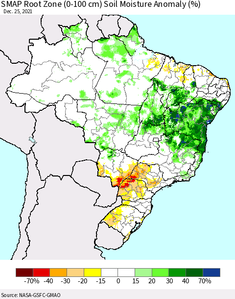 Brazil SMAP Root Zone (0-100 cm) Soil Moisture Anomaly (%) Thematic Map For 12/21/2021 - 12/25/2021