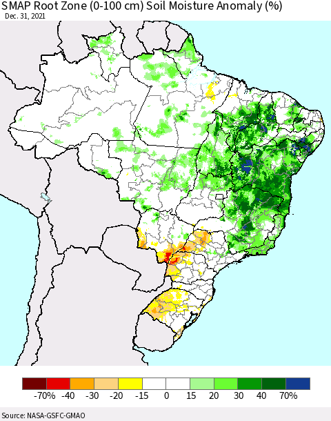 Brazil SMAP Root Zone (0-100 cm) Soil Moisture Anomaly (%) Thematic Map For 12/26/2021 - 12/31/2021